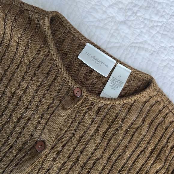 Liz Claiborne Wool Blend Cable Knit Button Up Shimmer Cardigan Sweater - Picture 5 of 14